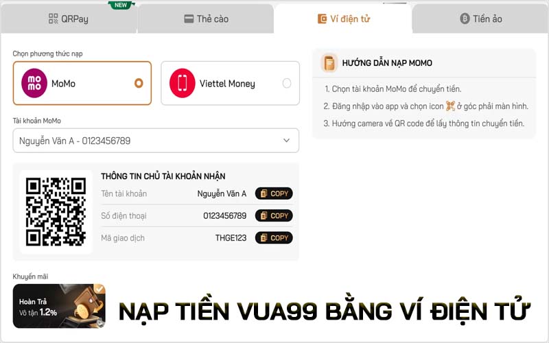 Giao dịch nạp tiền tại Vua99 bằng ví điện tử