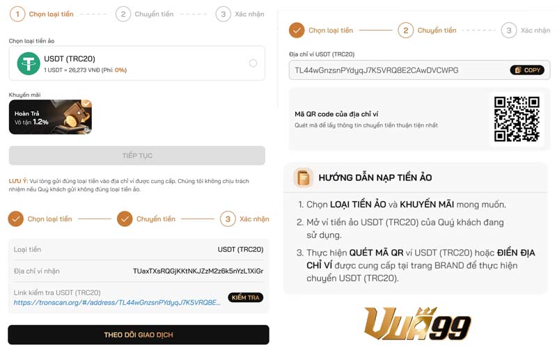 Thao tác giao dịch tiền ảo khi nạp tiền vua99